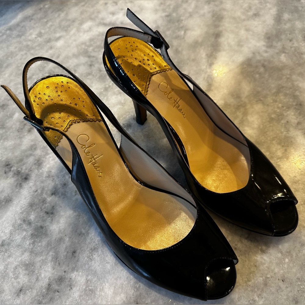 Cole Haan Black Patent Peep-Toe Slingback Heels